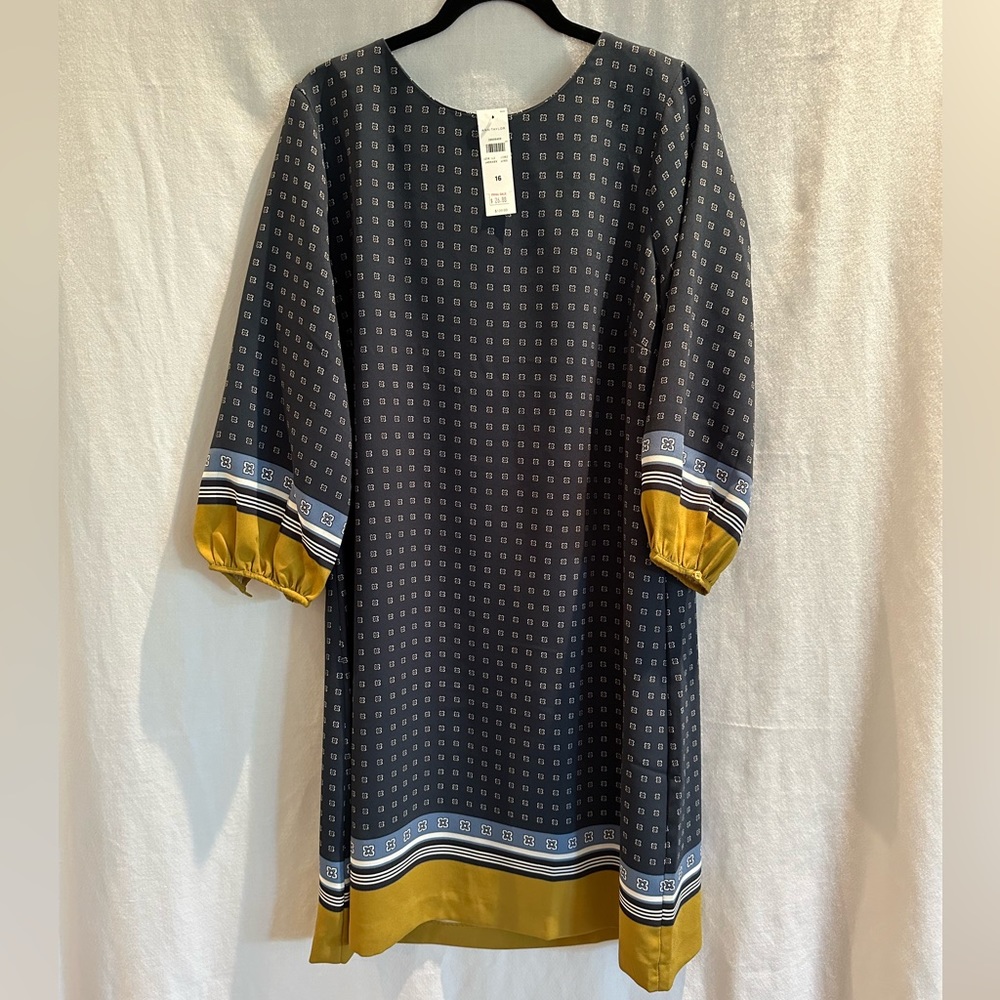 NWT ANN TAYLOR Shift dress with Bishop sleeves, blue geometric detail SIZE 16, - Picture 4 of 8